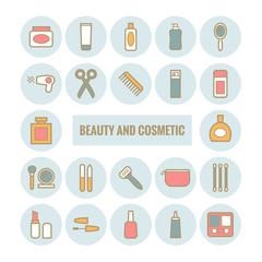 Set of vector outline beauty and cosmetic icons. Modern flat icons for web design
