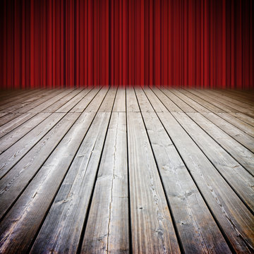 Closed theater red curtains and wooden floor against a cloudy sky - concep timage