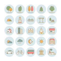 Set of vector linear icons of city landscape elements. Flat icons for web, moblile, print design