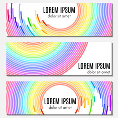 Set of colorful rainbow abstract header banners with curved lines and place for text. Vector backgrounds for web design.
