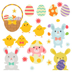 Easter Egg Basket Bunnies Chicks In White Background