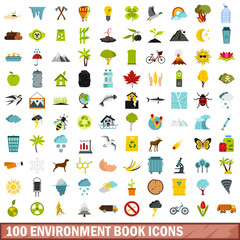 100 environment book icons set, flat style