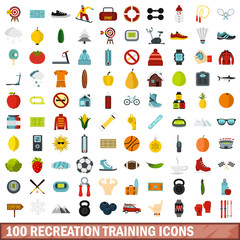 100 recreation training icons set, flat style