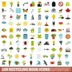 100 recycling book icons set, flat style