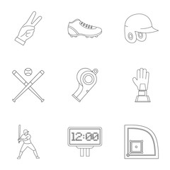 Baseball goods icons set, outline style