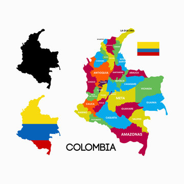 colombia map with city name and flag designs vector illustration