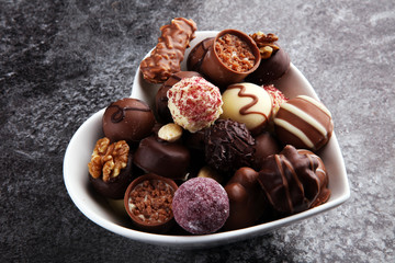 a lot of variety chocolate pralines, belgian confectionery gourmet chocolate