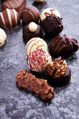 a lot of variety chocolate pralines, belgian confectionery gourm