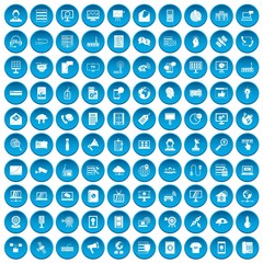 100 telecommunication icons set blue