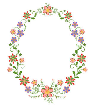 decorative vertical oval frame vignette with bright simple flowers