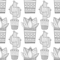 Black and white seamless pattern of ornamental cacti and succulents for coloring books, pages