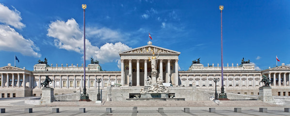 Parlament building at Vienna, Austria. Panorama of famous touristic attraction.