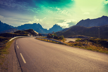 Mountain road. The beautiful nature of Norway. Lofoten Islands