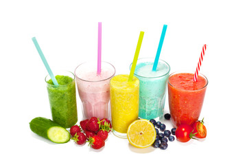 Collage of glasses with fresh delicious smoothie and straw on white background