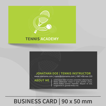 Business card template for tennis instructor. Vector design.