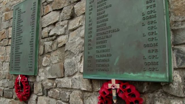 Tilt down names to poppy reefs blowing in the wind at the Falklands War memorial in Port Stanley.