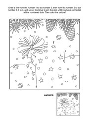 Winter, New Year or Christmas themed connect the dots picture puzzle and coloring page - gift box with a bow. Answer included.
