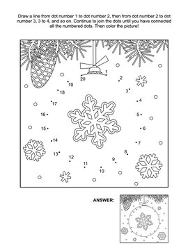 Winter, New Year or Christmas themed connect the dots picture puzzle and coloring page - bauble with snowflake. Answer included.
