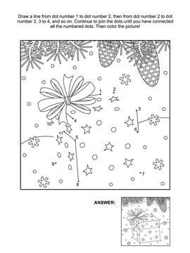 Winter, New Year or Christmas themed connect the dots picture puzzle and coloring page - gift box with a bow. Answer included.

