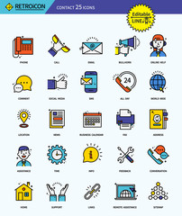 Modern retro thin line icons set of business contact. Premium quality outline symbol set. Simple linear pictogram pack. Editable line series