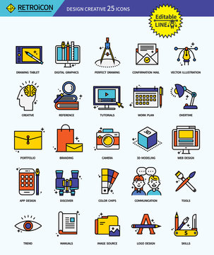 Modern retro thin line icons set of design creative. Premium quality outline symbol set. Simple linear pictogram pack. Editable line series