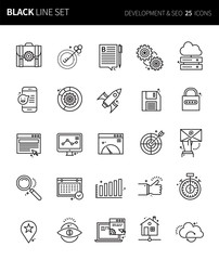 Modern thin black line icons set of development & seo. Premium quality outline symbol set. Simple linear pictogram pack. Editable line series