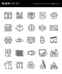 Modern thin black line icons set of 3d modeling  printing . Premium quality outline symbol set. Simple linear pictogram pack. Editable line series