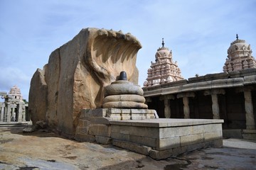 Fototapeta na wymiar The hooded serpent Naaga shading the lingam sculpture at Veerabhadra temple Lepakshi 
