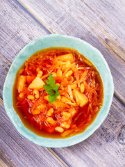 Borsht, bortsch, borshch, borscht. Soup made with vegetables and beets, usually served with sour cream, associated with cuisine of Eastern and Central Europe, especially Ukraine, Russia and Poland