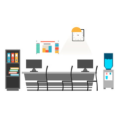 Office desk with chair, computer, some paper.