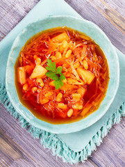 Borsht, bortsch, borshch, borscht. Soup made with vegetables and beets, usually served with sour cream, associated with cuisine of Eastern and Central Europe, especially Ukraine, Russia and Poland