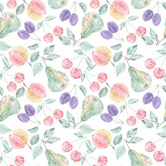 Seamless watercolor fruit pattern. Stylized pears, apples, plums, cherries.