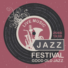 Vector banner for festival good old jazz with wind instruments, vinyl record and microphone on the cardboard background in retro style