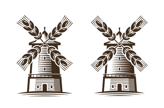 Mill, windmill icon. Agriculture, agribusiness, bakery logo or label