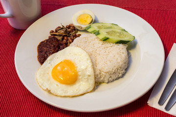 Malaysian Food - Nasi Lemak and Frothy Teh Tarik on a red background. Both dishes are unofficially the national breakfast dish of Malaysia. Teh tarik is basically a Tea with Milk