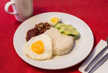 Malaysian Food - Nasi Lemak and Frothy Teh Tarik on a red background. Both dishes are unofficially the national breakfast dish of Malaysia. Teh tarik is basically a Tea with Milk