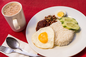 Malaysian Food - Nasi Lemak and Frothy Teh Tarik on a red background. Both dishes are unofficially the national breakfast dish of Malaysia. Teh tarik is basically a Tea with Milk