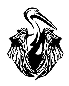 recommend clip art: pelican bird with folded wings - black and white vector design