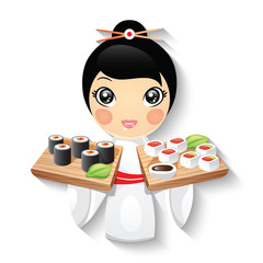 Traditional Japanese girl with sushi