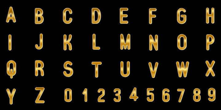 Gold capital letters and numbers on black background. 3D illustration