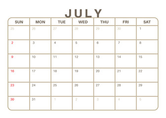 Monthly Calendar July 2017
