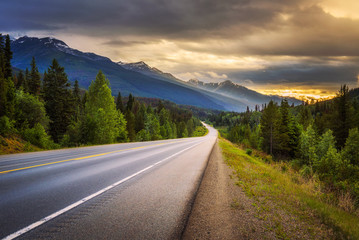 Scenic Icefields Pkwy in Banff National Park at sunset