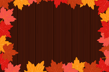 Naklejka na ściany i meble Hello autumn. Background with autumn leaves on a wooden Board. Vector.
