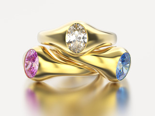 3D illustration three yellow gold diamonds rings with pink blue white diamonds with reflection