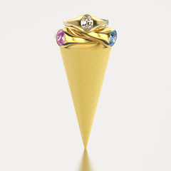3D illustration isolated waffle ice cream with three gold rings with diamonds