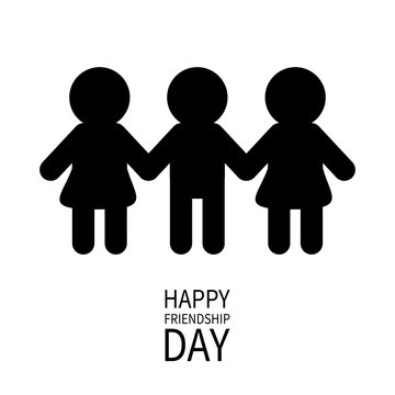 Happy Friendship Day. Two black woman female and one man male silhouette sign symbol. Boys girls holding hands icon. Friends forever. White background Flat design.