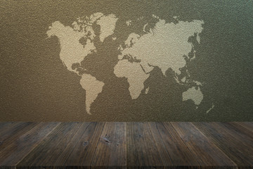 Frosted glass texture with wood terrace with world map