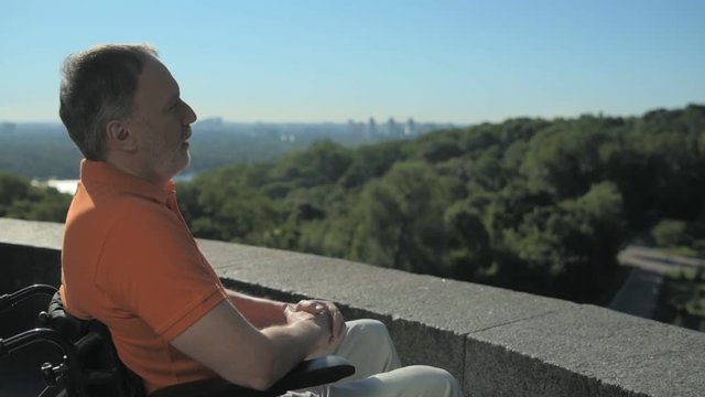 Serious wheelchaired man enjoying the view over beautiful landscapes