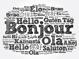 Bonjour (Hello Greeting in French) word cloud in different languages of the world, background concept © dizain