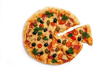 Sliced home-made pizza. Isolated on white background.